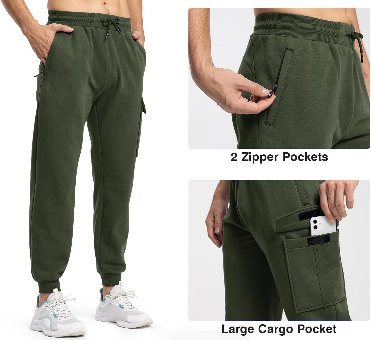 imageTBMPOY Mens Cargo Sweatpants Joggers Winter Fleece Lined Pants Gym Running Cotton Pants with Zipper PocketsArmy Green