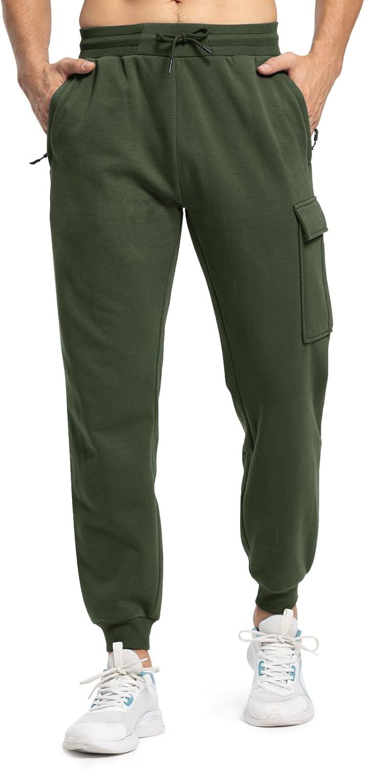 imageTBMPOY Mens Cargo Sweatpants Joggers Winter Fleece Lined Pants Gym Running Cotton Pants with Zipper PocketsArmy Green