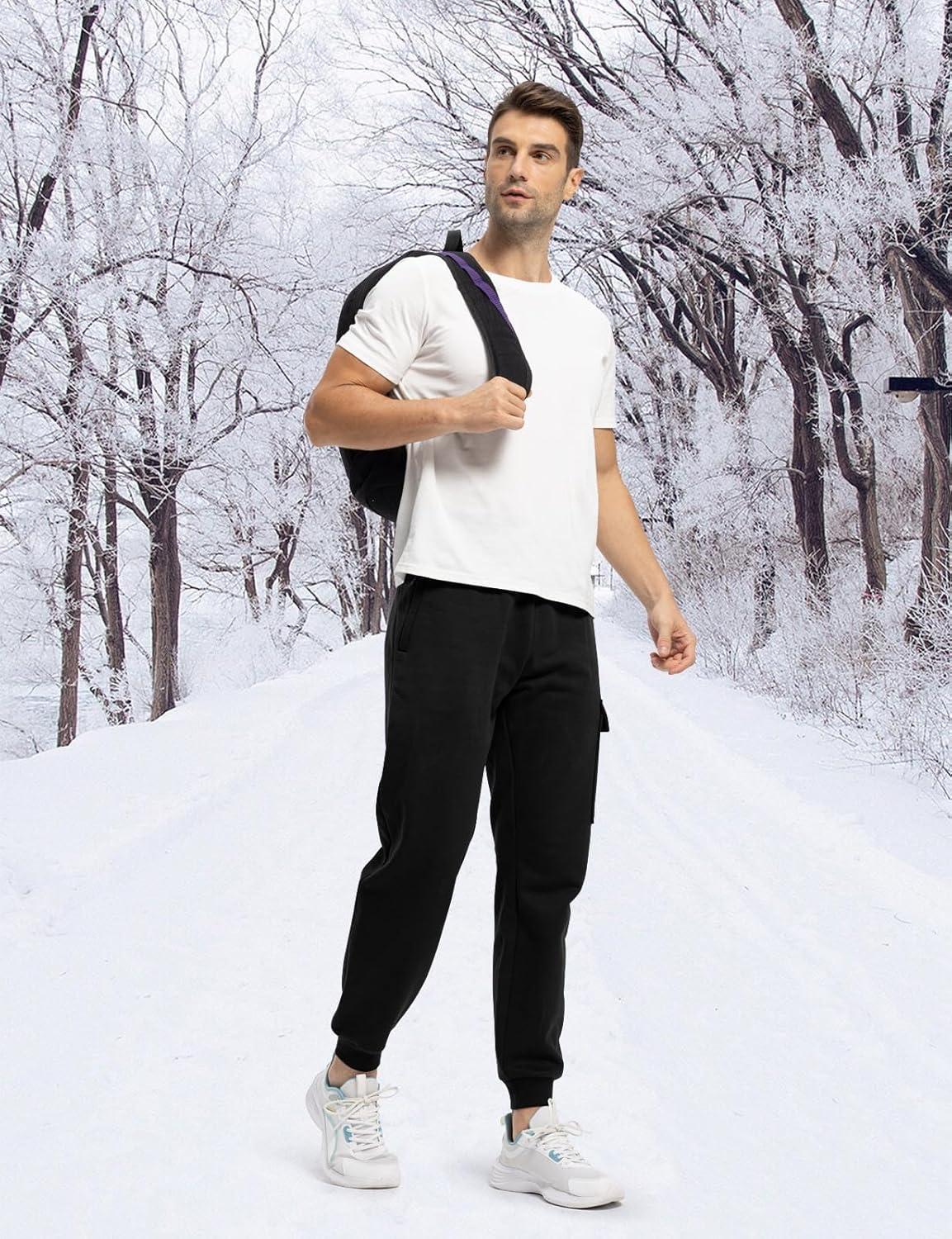 imageTBMPOY Mens Cargo Sweatpants Joggers Winter Fleece Lined Pants Gym Running Cotton Pants with Zipper PocketsBlack