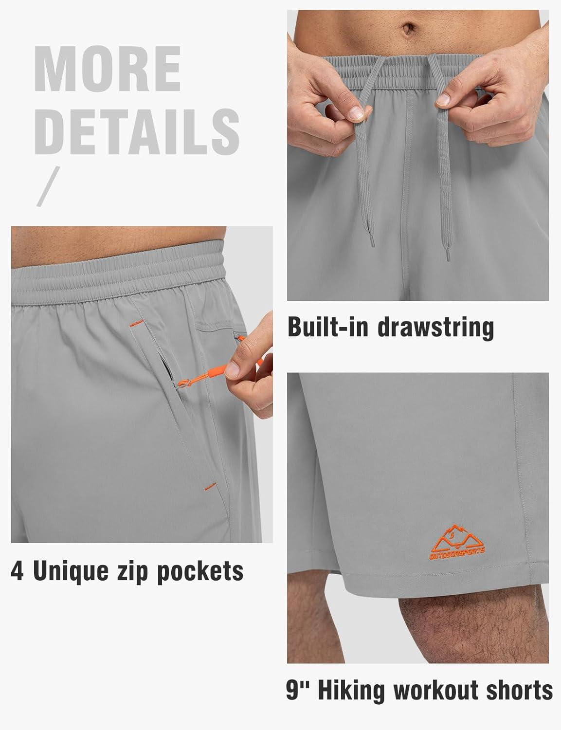 imageTBMPOY Mens Shorts 9quot Hiking Running Shorts Zipper Pockets Athletic Outdoor Sports Gym Workout Short 4 PocketsLight Grey