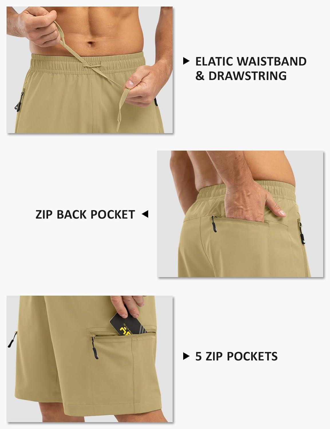 imageTBMPOY Mens Hiking Shorts with 5 Zip Pockets 9 Lightweight Outdoor Work Athletic Travel Short for Men Casual RunningKhaki