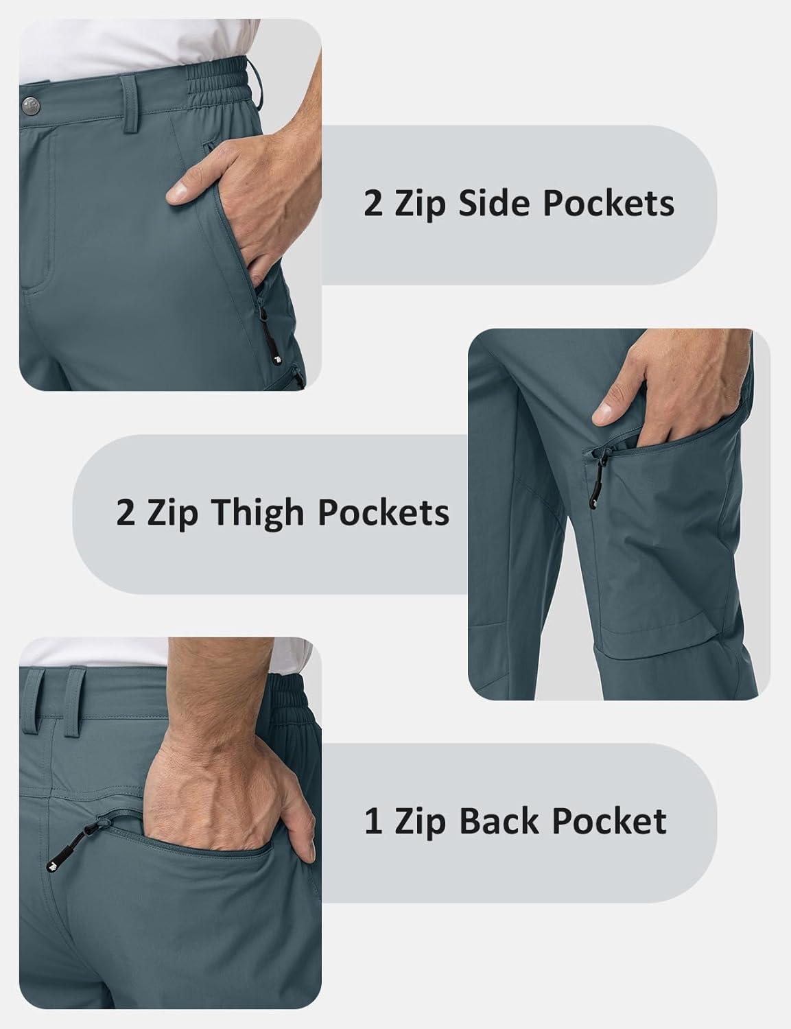 imageTBMPOY Mens Lightweight Hiking Travel Pants 5 Zip Pockets Stretch Quick Dry Work Pant Cargo Outdoor Camping FishingStone Blue