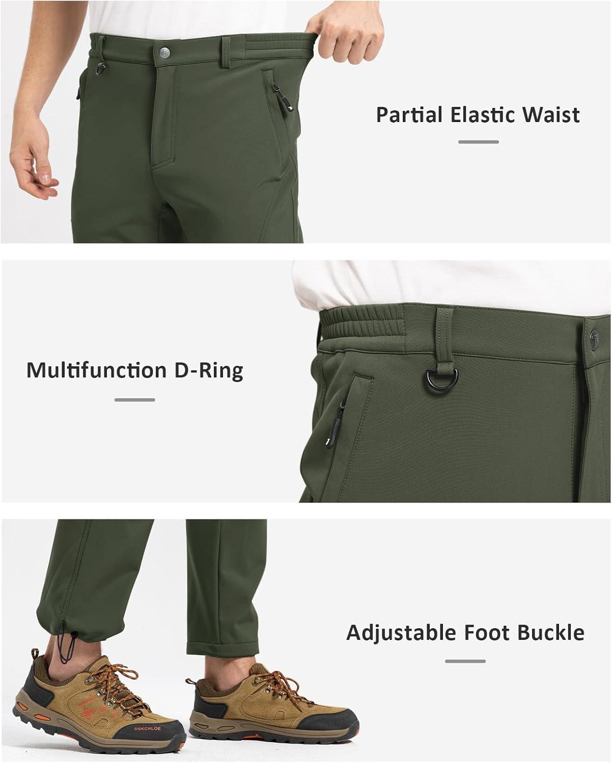 imageTBMPOY Mens Snow Pants Fleece Lined Hiking Winter Waterproof Softshell Ski Outdoor Insulated Climbing Pants Zipper PocketsArmy Green