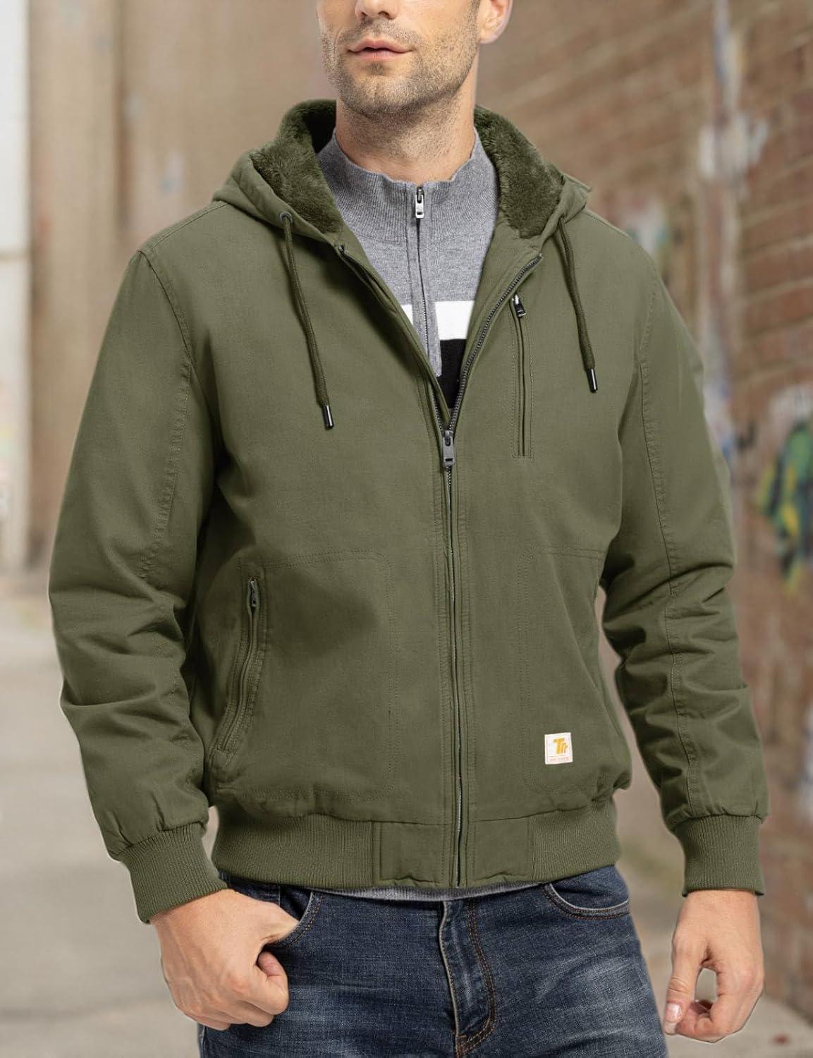 imageTBMPOY Mens Winter Jackets Hooded Work Cotton FLeece Lined Duck Coats Flannel Active Workwear CoatArmy Green