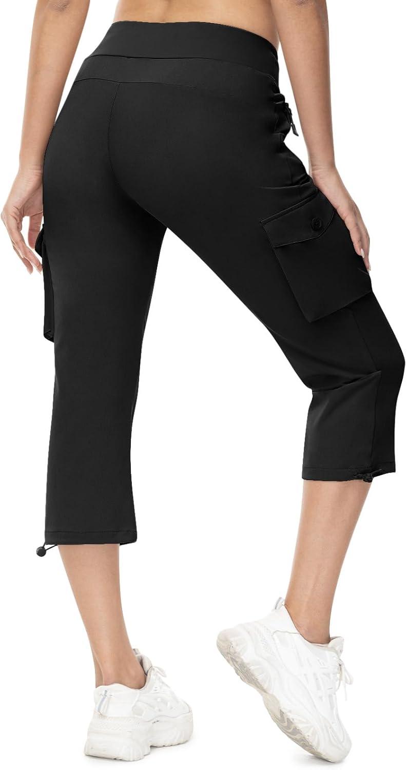 imageTBMPOY Womens Capri Pants Lightweight Quick Dry Hiking Cargo Pockets Casual Water Resistant Travel Cropped CottonBlack1