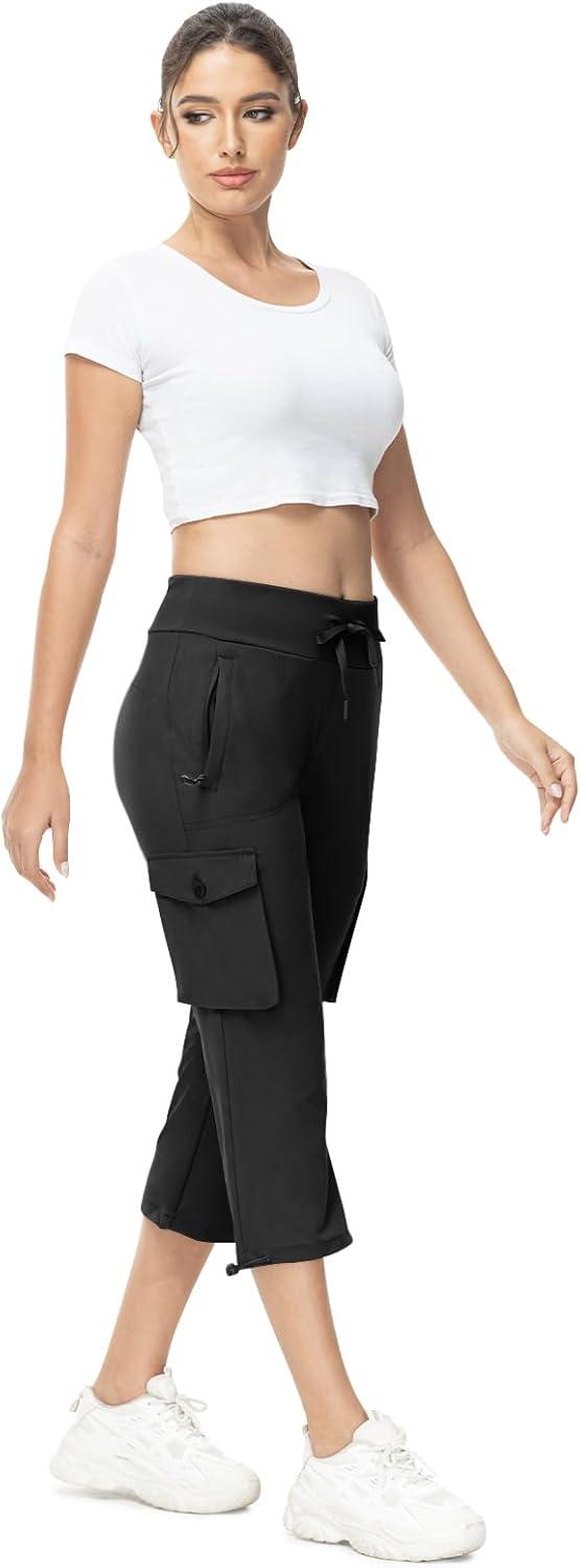 imageTBMPOY Womens Capri Pants Lightweight Quick Dry Hiking Cargo Pockets Casual Water Resistant Travel Cropped CottonBlack1