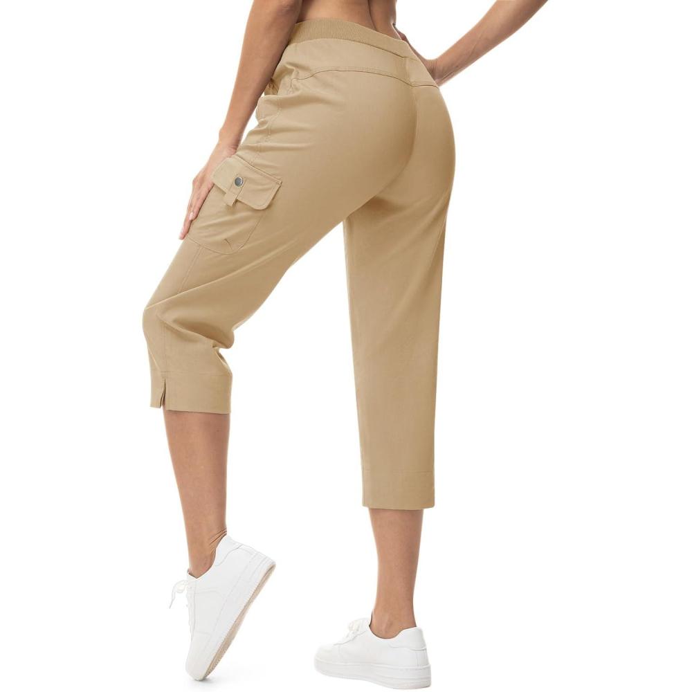 imageTBMPOY Womens Capri Pants Lightweight Quick Dry Hiking Cargo Pockets Casual Water Resistant Travel Cropped CottonKhaki