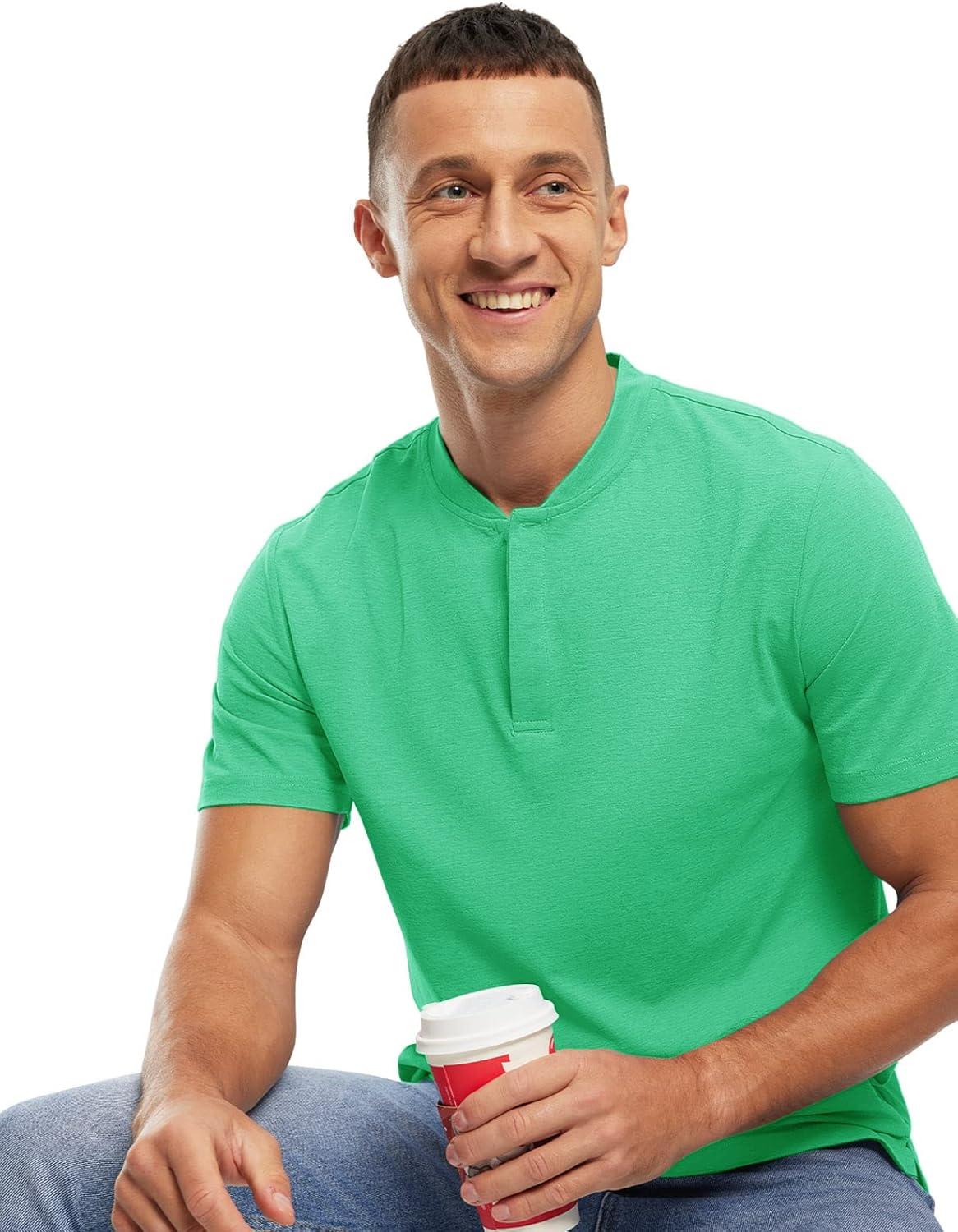 imageTBMPOY Mens Henley Polo Shirts Short Sleeve Casual TShirt Lightweight Collarless Work Outdoor Golf ShirtsGreen