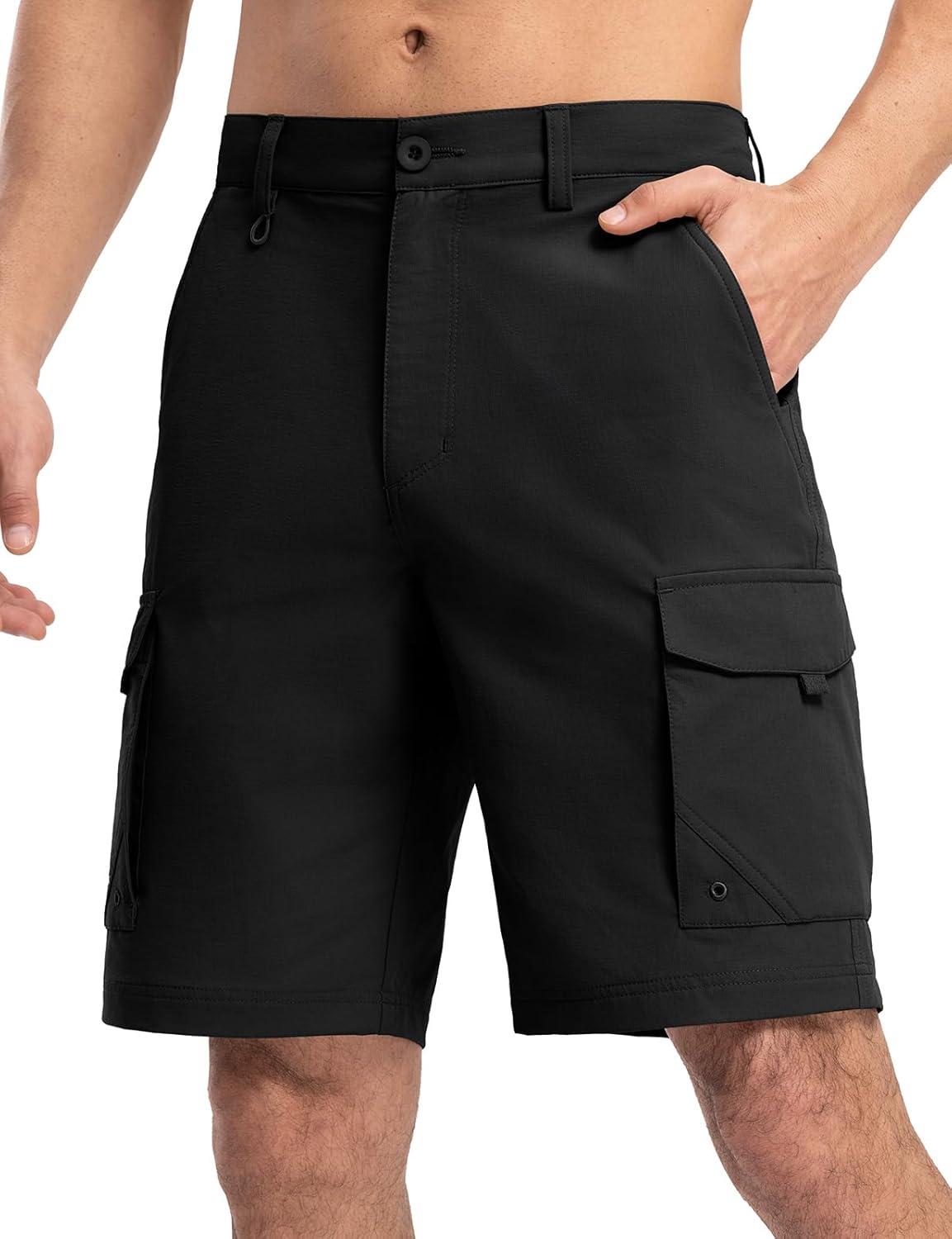 imageTBMPOY Mens Hiking Cargo Shorts 9quot Quick Dry Stretch Work Golf Shorts Outdoor 5 Pockets Elastic Waist for Travel CasualBlack