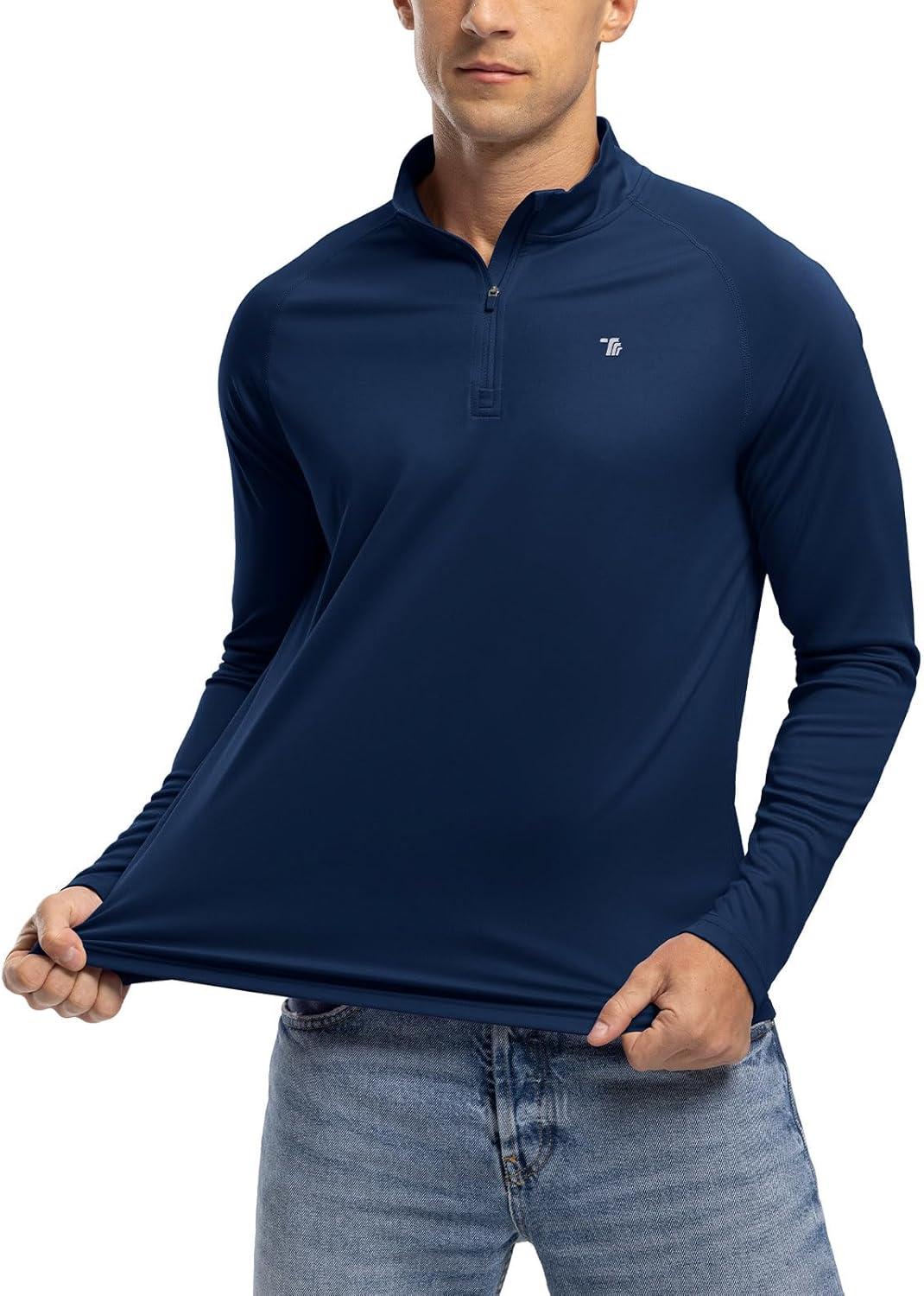 imageTBMPOY Mens Hiking Shirts 14 Zip Running Sun Protection Pullover Long Sleeve UPF 50 Lightweight Fishing Rash GuardNavy1
