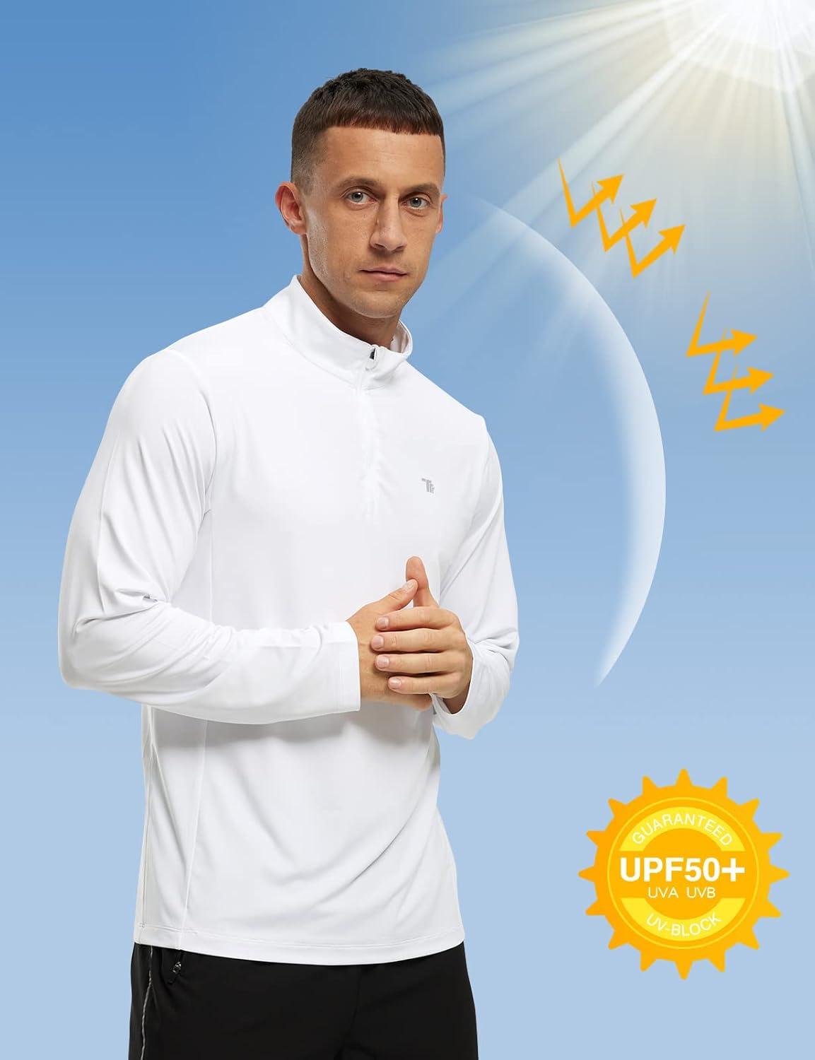 imageTBMPOY Mens Hiking Shirts 14 Zip Running Sun Protection Pullover Long Sleeve UPF 50 Lightweight Fishing Rash GuardWhite