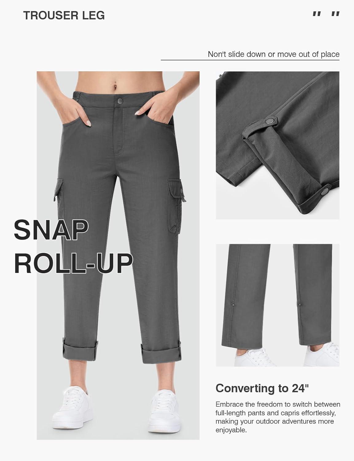 imageTBMPOY Womens Hiking Pants Quick Dry Convertible Lightweight Roll Up Cargo Pockets Travel Essentials Waterproof WorkDeep Gray