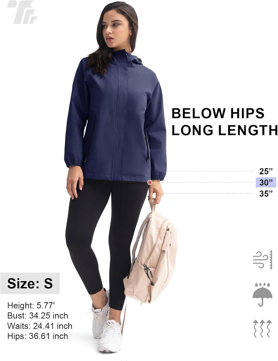 imageTBMPOY Womens Lightweight Rain Long Jackets Packable with Hooded Outdoor Hiking Waterproof Windbreaker Raincoats TravelNavy Blue