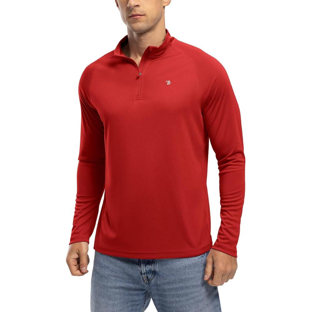 imageTBMPOY Mens Hiking Shirts 14 Zip Running Sun Protection Pullover Long Sleeve UPF 50 Lightweight Fishing Rash GuardRed1