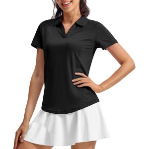 imageTBMPOY Womens Golf Polo Shirts Short Sleeve VNeck Tennis Shirts Quick Dry UPF 50 Sun Protection Collared ShirtBlack