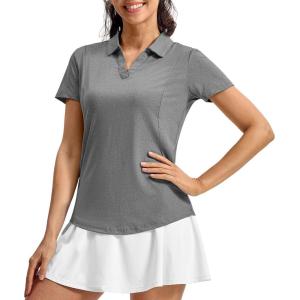 imageTBMPOY Womens Golf Polo Shirts Short Sleeve VNeck Tennis Shirts Quick Dry UPF 50 Sun Protection Collared ShirtDark Grey