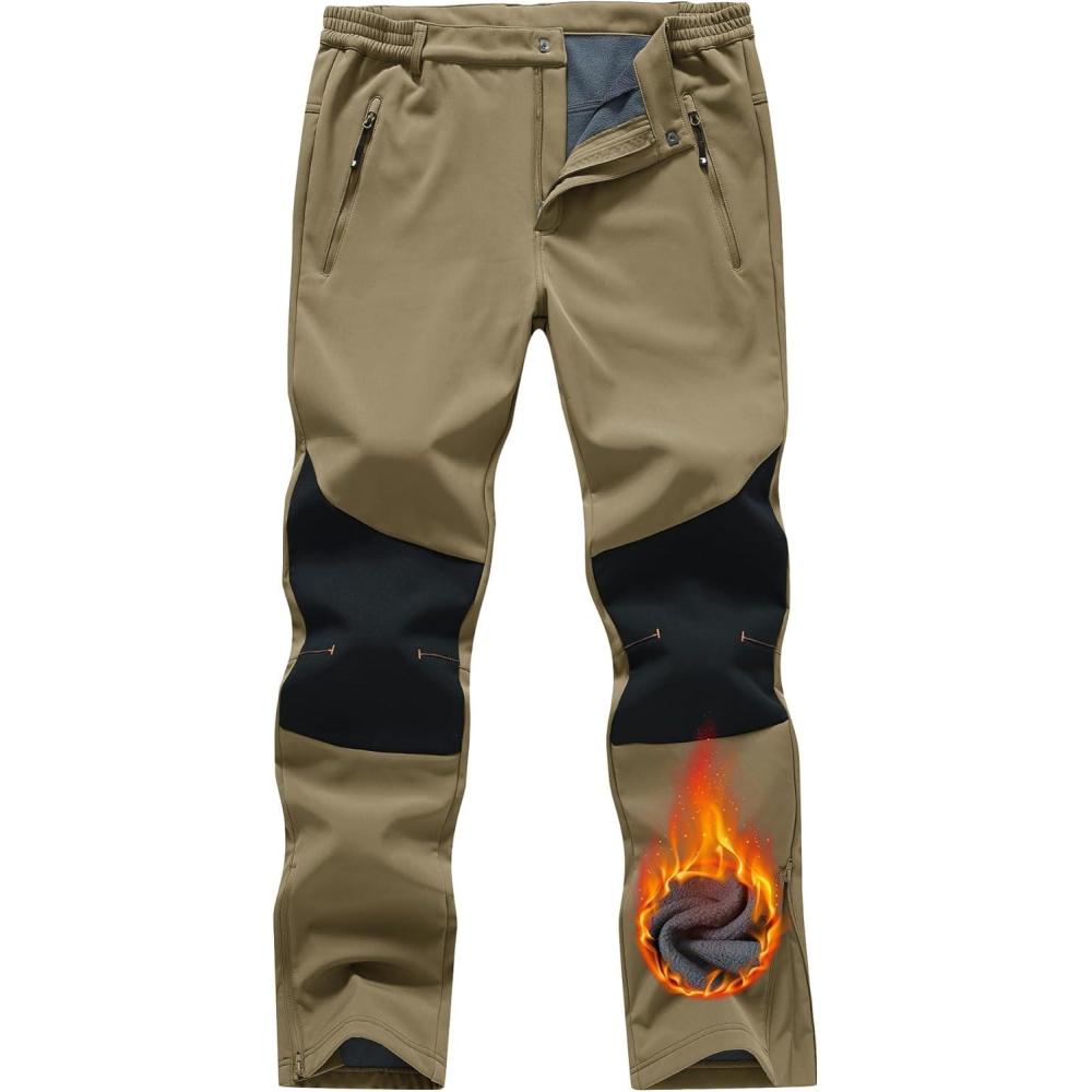 imageTBMPOY Mens Snow Ski Pants Waterproof Fleece Lined Insulated Softshell Winter Snowboard Hiking Zipper Bottom Leg3khaki