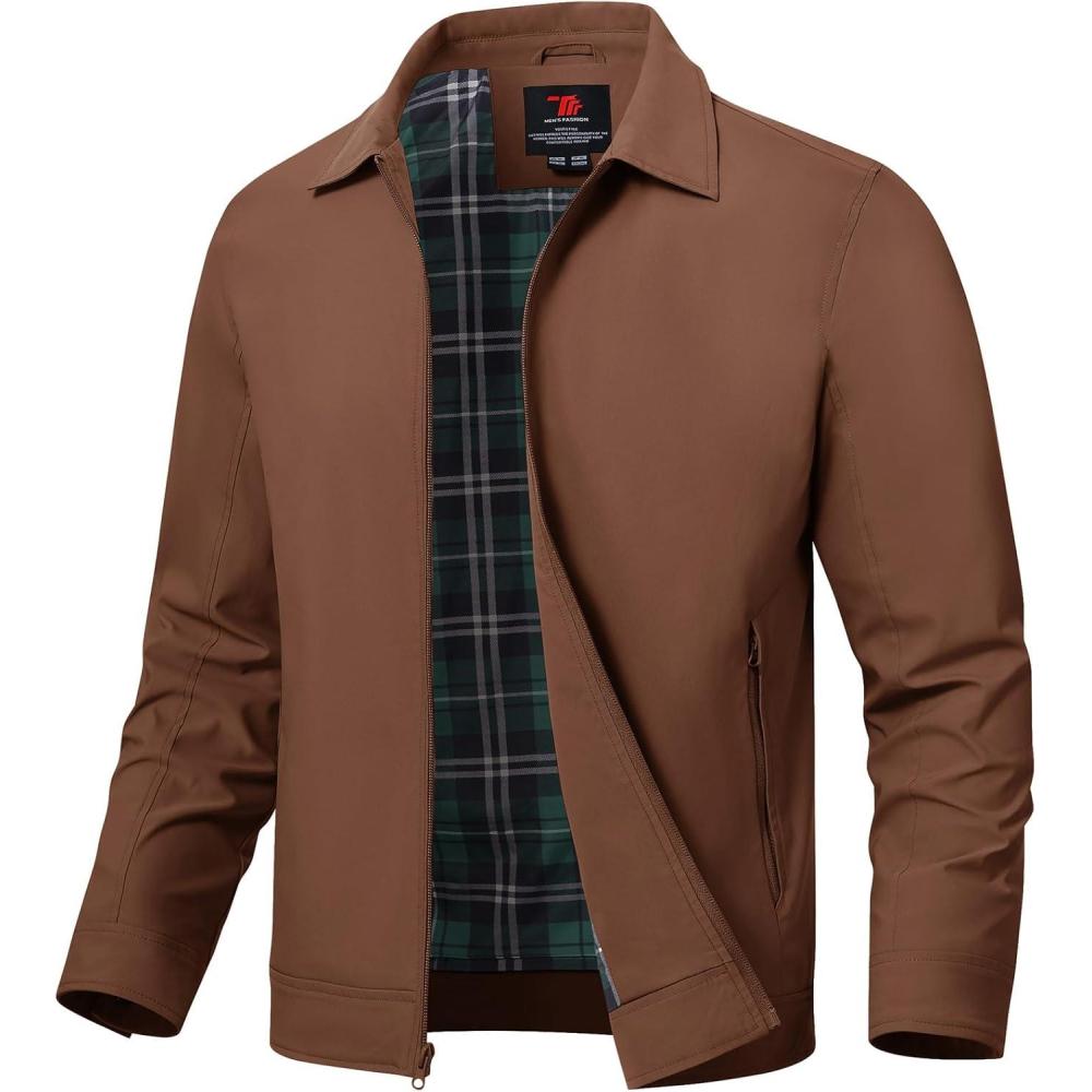 imageTBMPOY Mens Lightweight Jackets Light Windbreaker Full Zip Casual Work Jacket Golf Business Fall Track Coat with PocketsBrown