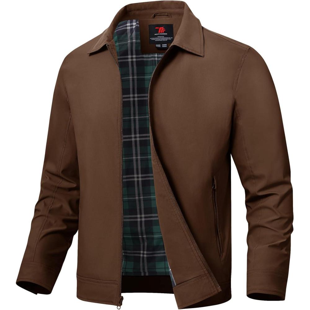 imageTBMPOY Mens Lightweight Jackets Light Windbreaker Full Zip Casual Work Jacket Golf Business Fall Track Coat with PocketsCoffee