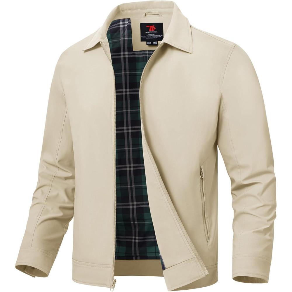 imageTBMPOY Mens Lightweight Jackets Light Windbreaker Full Zip Casual Work Jacket Golf Business Fall Track Coat with PocketsLight Khaki