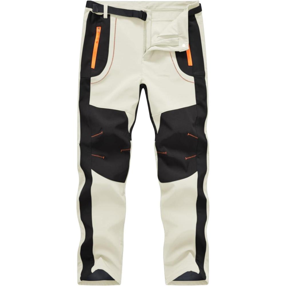 imageTBMPOY Mens Snow Ski Hiking Pants Waterproof Winter Fleece Lined Pants Camping Skiing Ice Fishing Pants with BeltA1thick White Grey