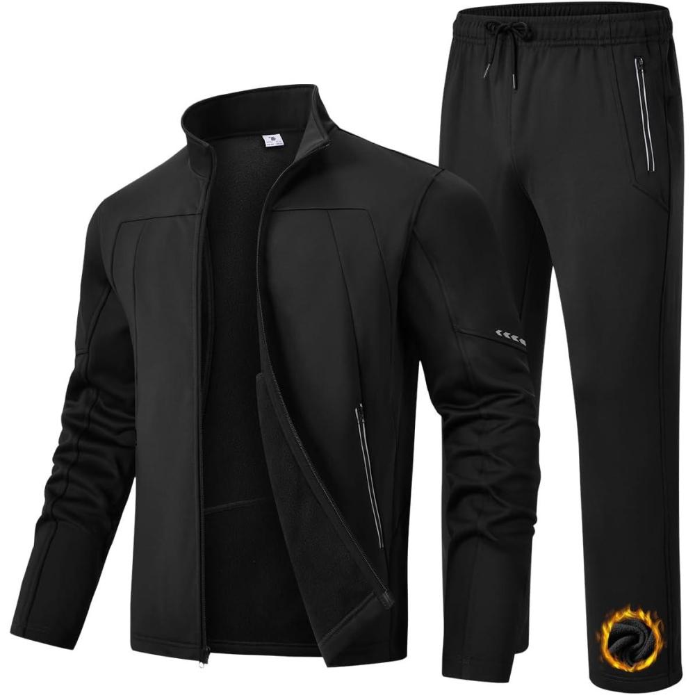 imageTBMPOY Mens Tracksuits Fleece Lined Sweatsuits 2 Piece Set Outfits Warm up Athletic Sports Casual Full Zip Jogging SuitBlack