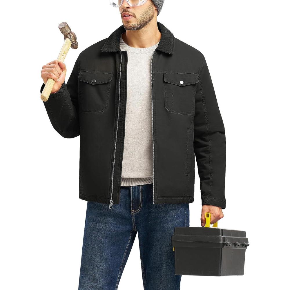 imageTBMPOY Mens Winter Canvas Jacket Thick Sherpa Fleece Lined Trucker Work Utility 5 Pockets Cotton WarmBlack