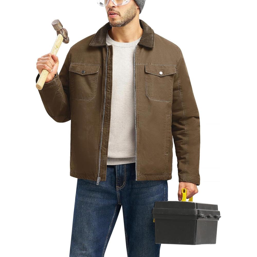 imageTBMPOY Mens Winter Canvas Jacket Thick Sherpa Fleece Lined Trucker Work Utility 5 Pockets Cotton WarmCoffee