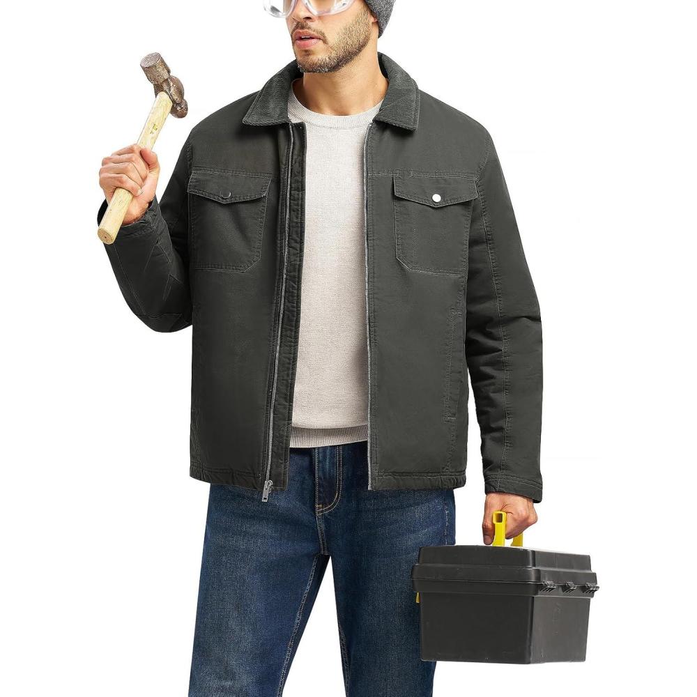imageTBMPOY Mens Winter Canvas Jacket Thick Sherpa Fleece Lined Trucker Work Utility 5 Pockets Cotton WarmDeep Gray