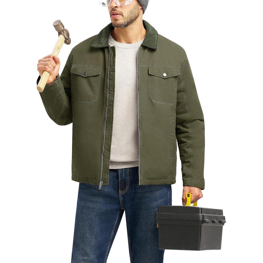 imageTBMPOY Mens Winter Canvas Jacket Thick Sherpa Fleece Lined Trucker Work Utility 5 Pockets Cotton WarmGreen