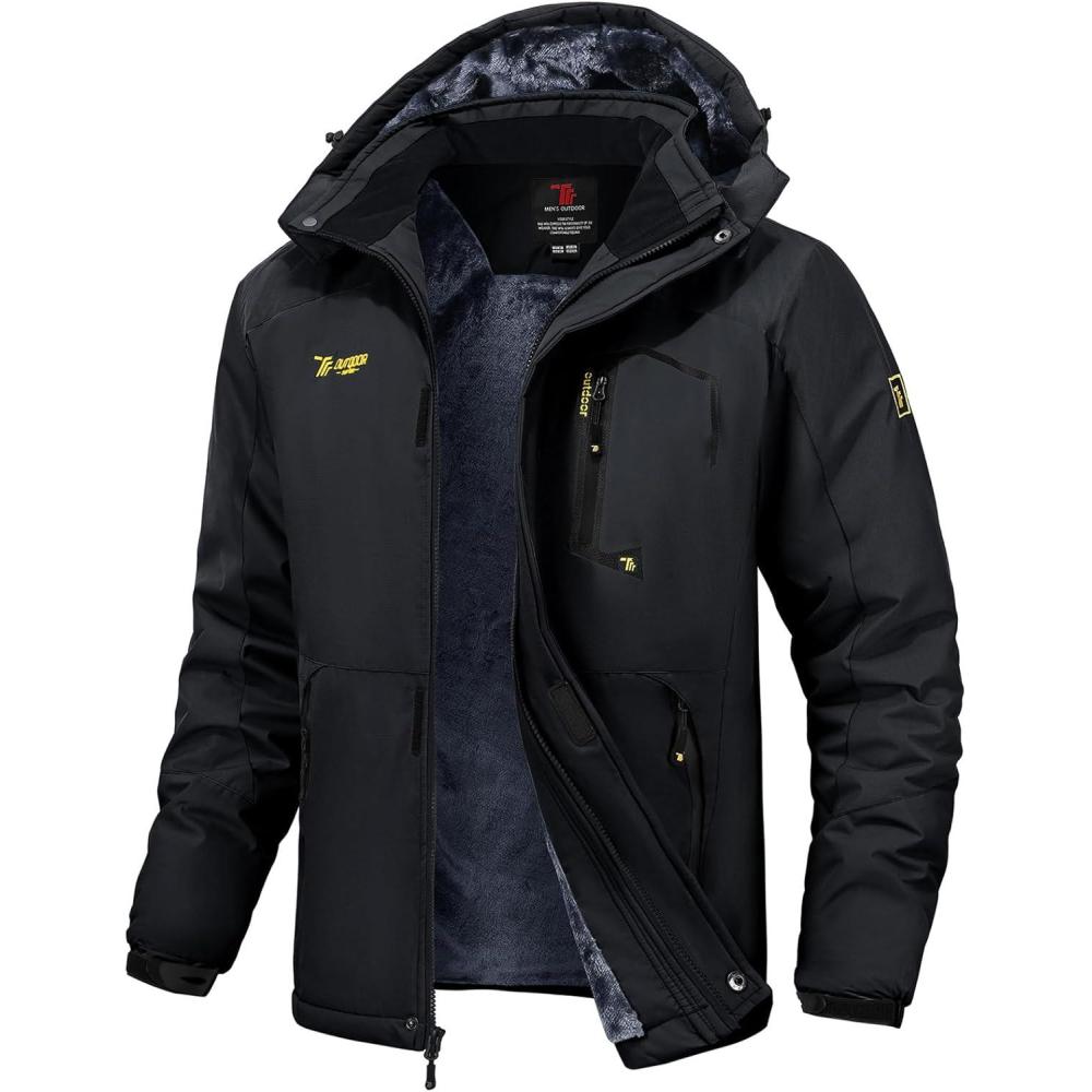 imageTBMPOY Mens Winter Jackets Skiing Waterproof Snow Thick Fleece Lined Hooded Utility Cold Weather Warm Outdoor Ice WorkBlack