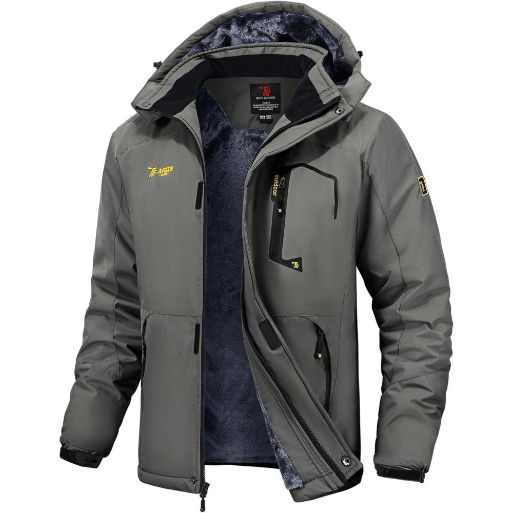 imageTBMPOY Mens Winter Jackets Skiing Waterproof Snow Thick Fleece Lined Hooded Utility Cold Weather Warm Outdoor Ice WorkGray