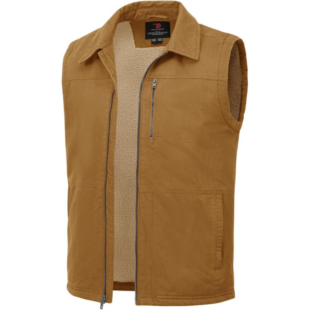 imageTBMPOY Mens Winter Vest Casual Sherpa Fleece lined Full Zip Lightweight Vest Outerwear Warm Cotton Travel JacketsLight Brown