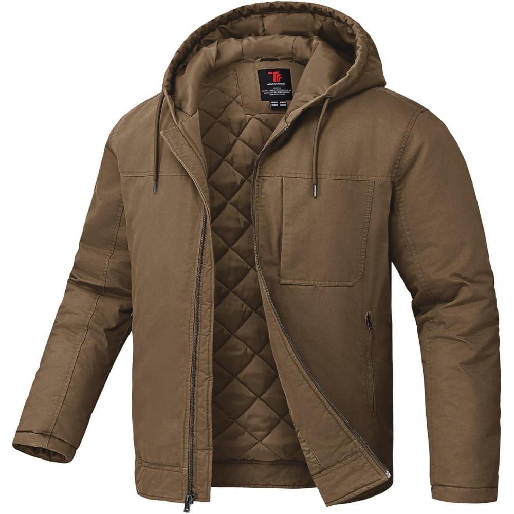 imageTBMPOY Mens Winter Work Jackets Hooded Quilted Lined Workwear Utility 4 Pockets Cotton warm Active CoatsDeep Coffee