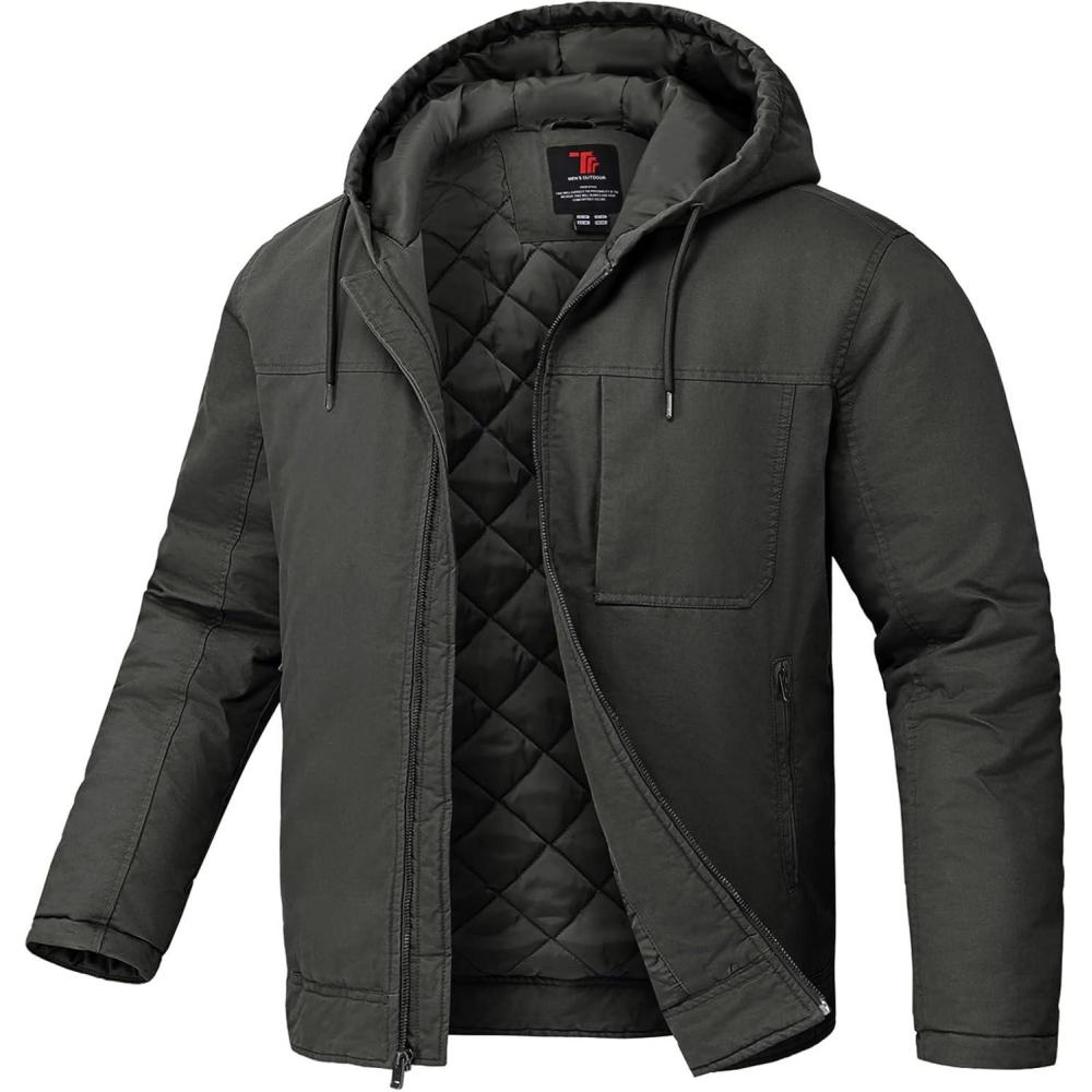 imageTBMPOY Mens Winter Work Jackets Hooded Quilted Lined Workwear Utility 4 Pockets Cotton warm Active CoatsDeep Gray