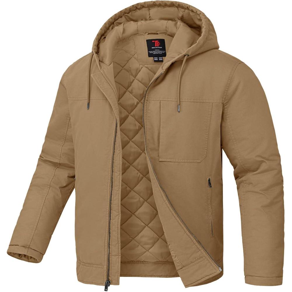 imageTBMPOY Mens Winter Work Jackets Hooded Quilted Lined Workwear Utility 4 Pockets Cotton warm Active CoatsKhaki