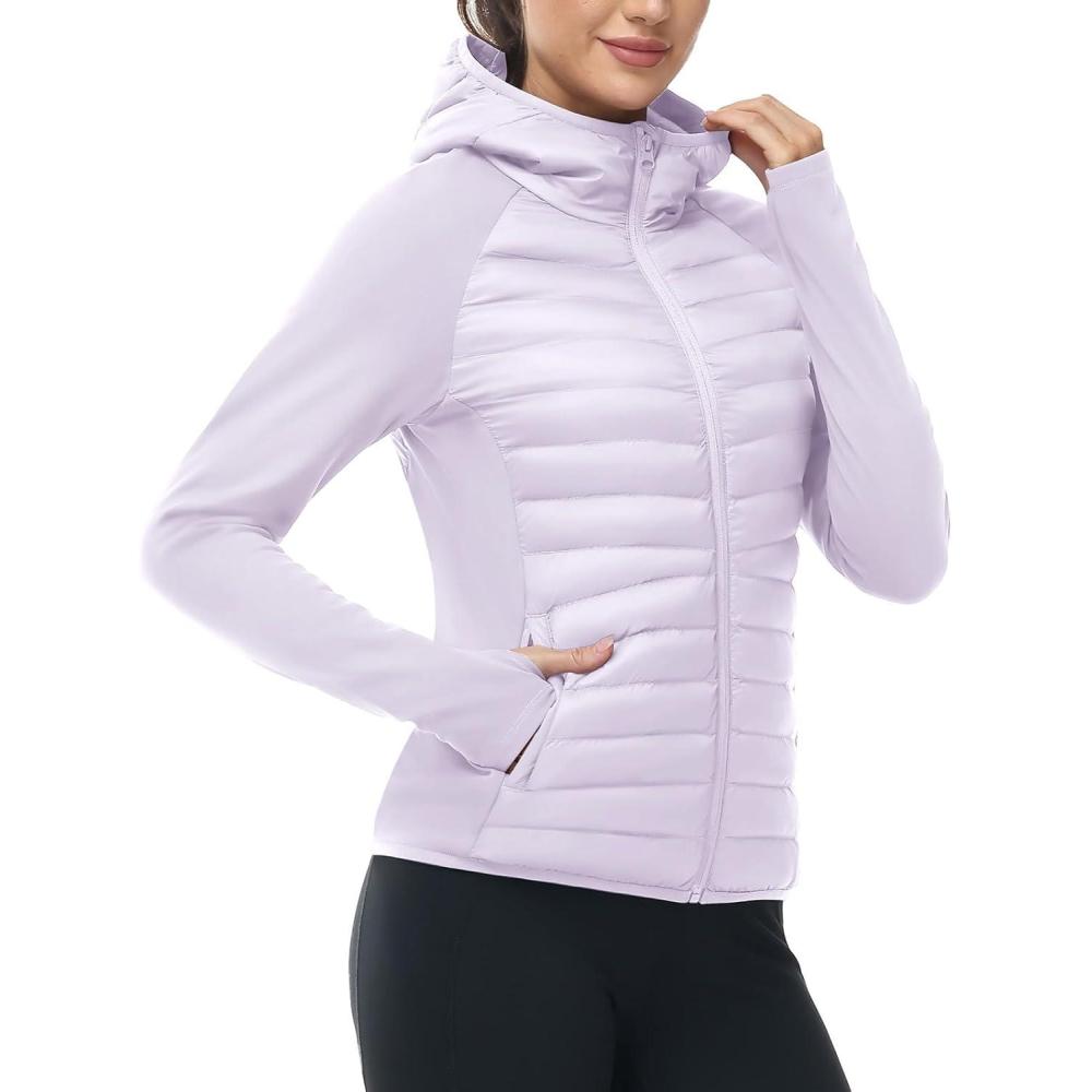 imageTBMPOY Womens Running Winter Jackets with Hood Warm Lightweight Insulated Water Resistant Puffer Jacket for Hiking GolfLight Purple