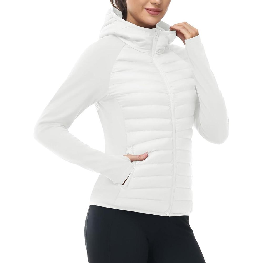 imageTBMPOY Womens Running Winter Jackets with Hood Warm Lightweight Insulated Water Resistant Puffer Jacket for Hiking GolfWhite