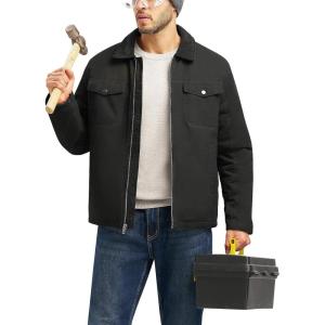 imageTBMPOY Mens Winter Canvas Jacket Thick Sherpa Fleece Lined Trucker Work Utility 5 Pockets Cotton WarmBlack