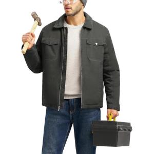 imageTBMPOY Mens Winter Canvas Jacket Thick Sherpa Fleece Lined Trucker Work Utility 5 Pockets Cotton WarmDeep Gray