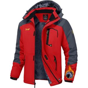 imageTBMPOY Mens Winter Jackets Skiing Waterproof Snow Thick Fleece Lined Hooded Utility Cold Weather Warm Outdoor Ice WorkRed