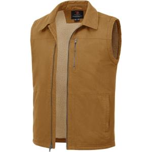 imageTBMPOY Mens Winter Vest Casual Sherpa Fleece lined Full Zip Lightweight Vest Outerwear Warm Cotton Travel JacketsLight Brown