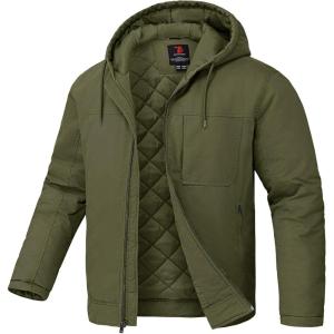 imageTBMPOY Mens Winter Work Jackets Hooded Quilted Lined Workwear Utility 4 Pockets Cotton warm Active CoatsArmy Green