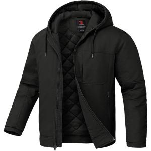 imageTBMPOY Mens Winter Work Jackets Hooded Quilted Lined Workwear Utility 4 Pockets Cotton warm Active CoatsBlack