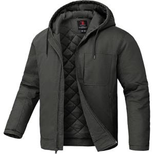 imageTBMPOY Mens Winter Work Jackets Hooded Quilted Lined Workwear Utility 4 Pockets Cotton warm Active CoatsDeep Gray