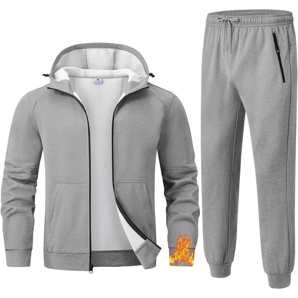 imageTBMPOY Mens Fleece Lined Hooded Tracksuits Sweatsuits 2 Piece Sets Winter Thermal Jogging Track Sweat Suits Warm Up OutfitsLight Grey