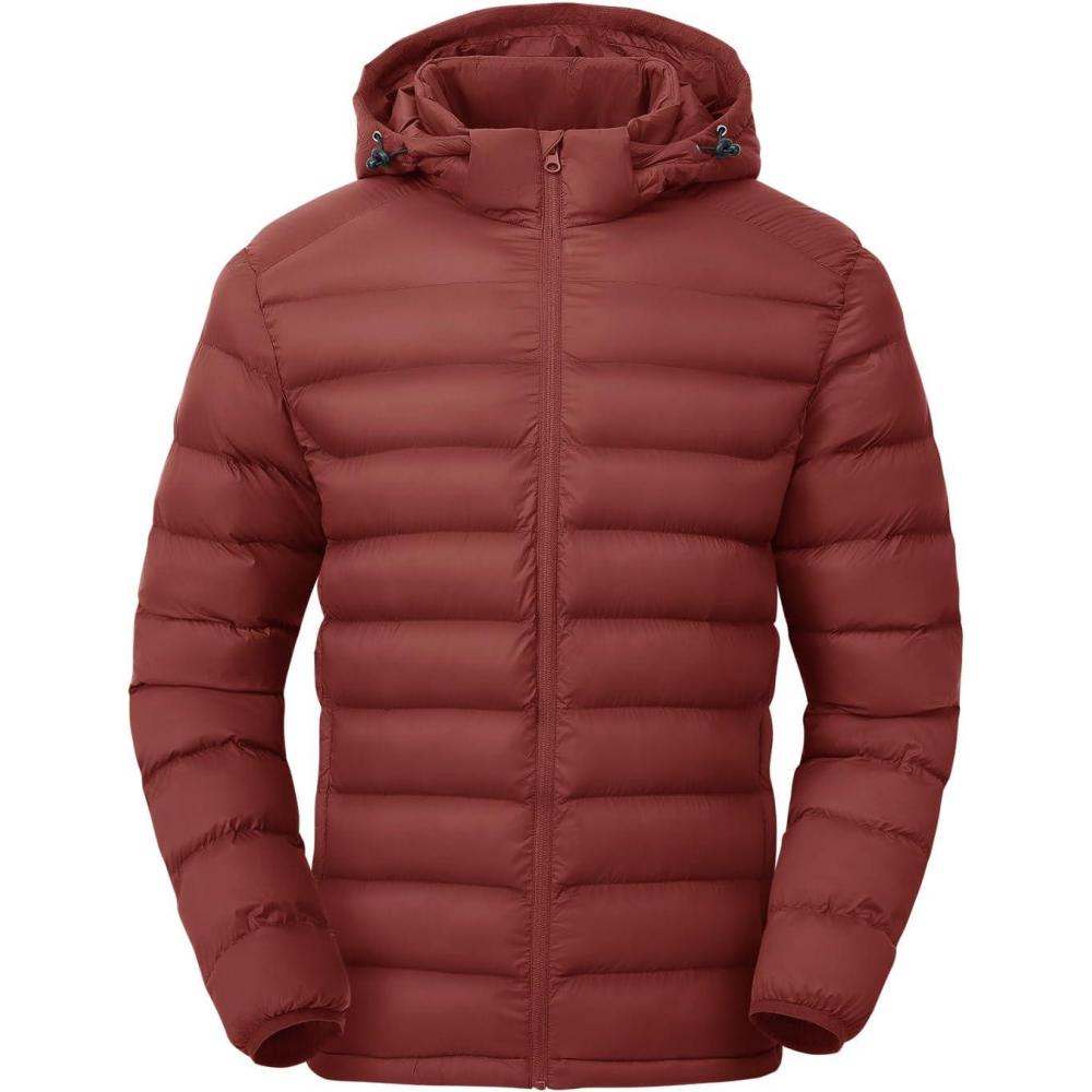 imageTBMPOY Mens Lightweight Puffer Jackets Detachable Hood WaterResistant Casual Winter Coat Hooded Insulated for Travel SkiRed