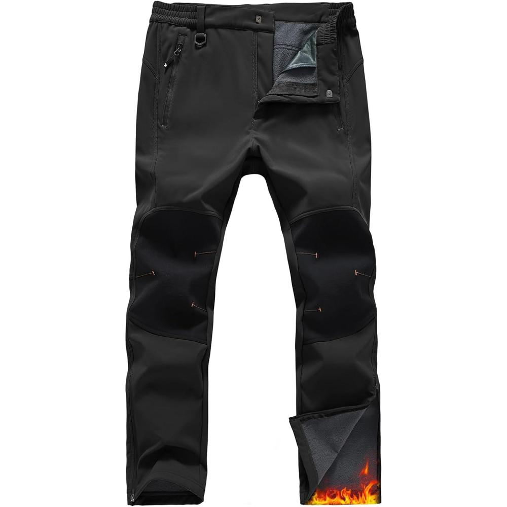 imageTBMPOY Mens Snow Ski Pants Waterproof Fleece Lined Winter Insulated Softshell Outdoor Snowboard Skiing Zipper Bottom LegBlack