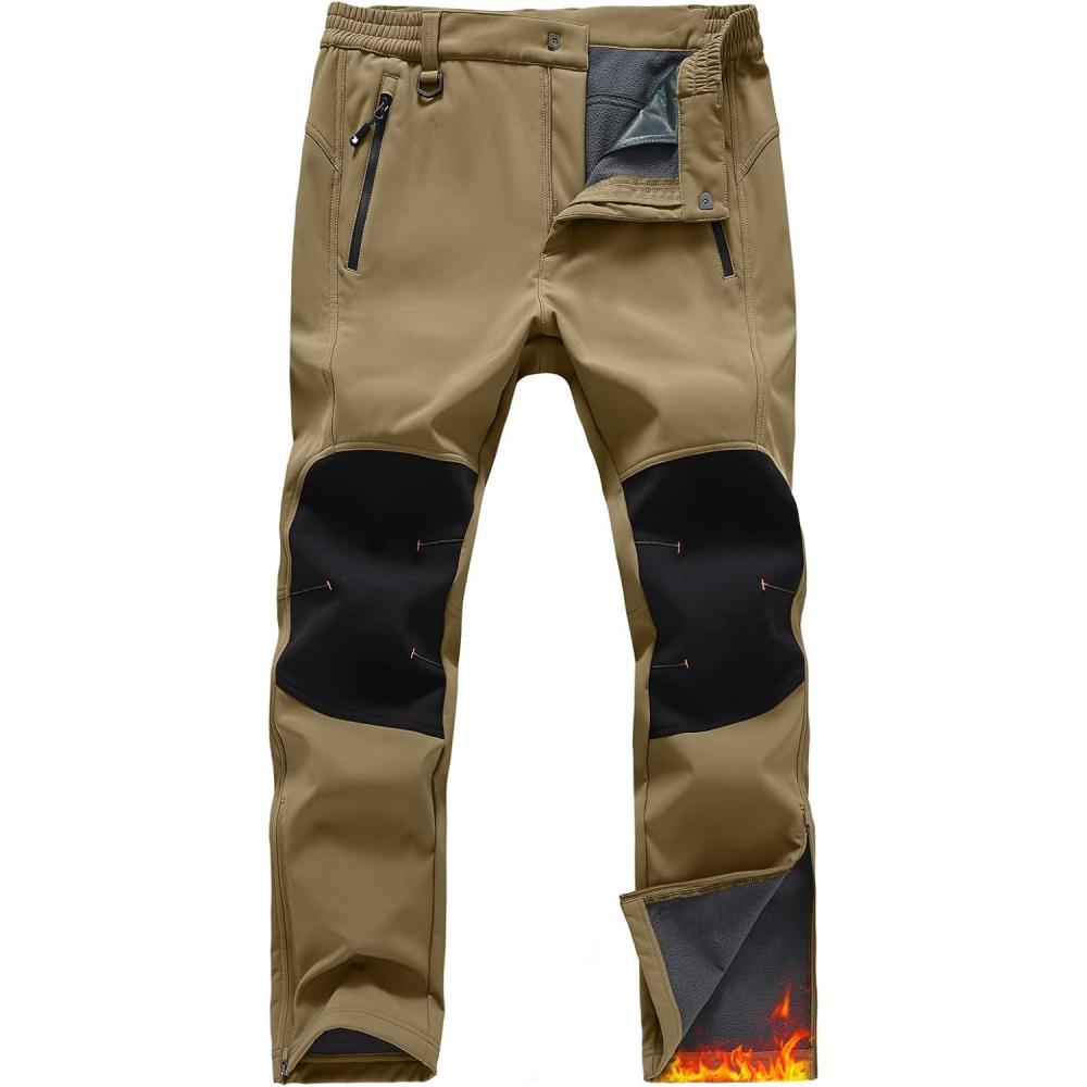 imageTBMPOY Mens Snow Ski Pants Waterproof Fleece Lined Winter Insulated Softshell Outdoor Snowboard Skiing Zipper Bottom LegKhaki