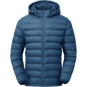 imageTBMPOY Mens Lightweight Puffer Jackets Detachable Hood WaterResistant Casual Winter Coat Hooded Insulated for Travel SkiBlue